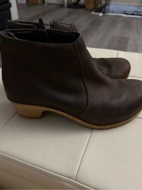 Dansko Dark Brown Leather Ankle Booties with Low Wood Heel